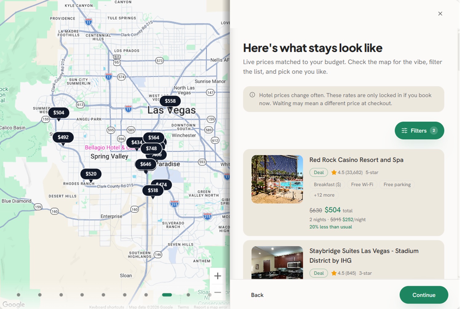 Trip planner showing flight and hotel options